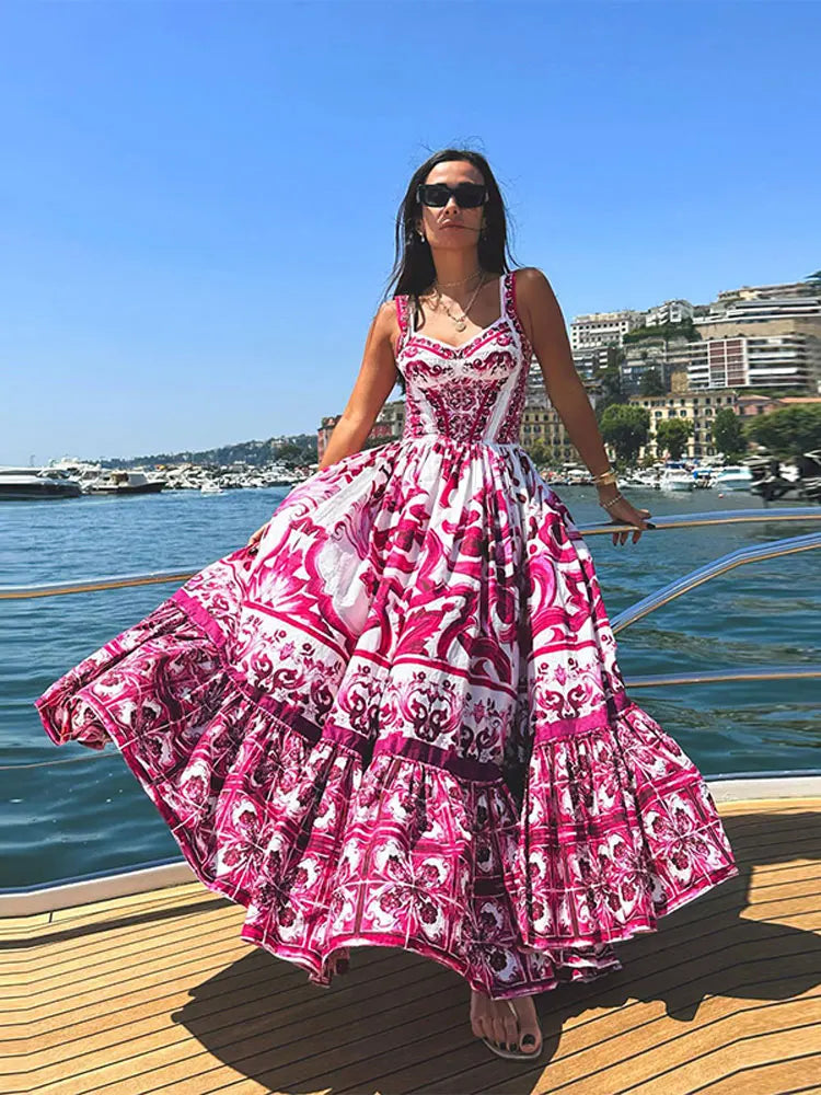 Vestido Sexy con tirantes estampado para mujer, Vestido a la moda con cuello en V y Espalda descubierta, cintura alta, Vestido Midi de vuelo grande, batas elegantes para vacaciones de verano para mujer