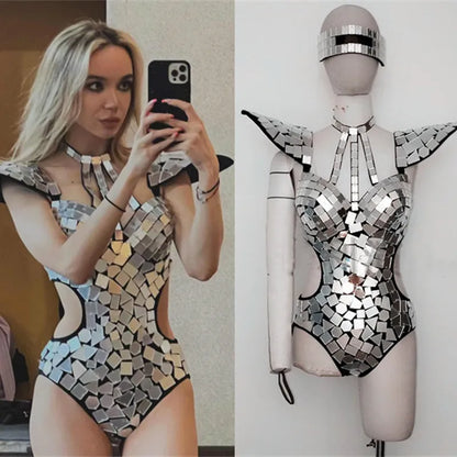 Body con espejo, traje de baile femenino, lentejuelas doradas y plateadas, traje Rave calado con hombros descubiertos, ropa para actuaciones escenario, espectáculo Gogo