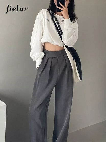 Jielur Brown Wide Leg Women Classic Suit Pants Vintage Palazzo Office Elegant Casual Black Trousers Female High Waist Pants