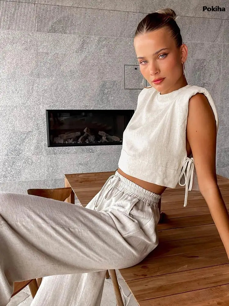 Summer 2023 Women Holiday Linen Pant Set Crop Tops Solid Outfits 2 Two Piece Matching Set For Women Sleeveless Casuals Fashion