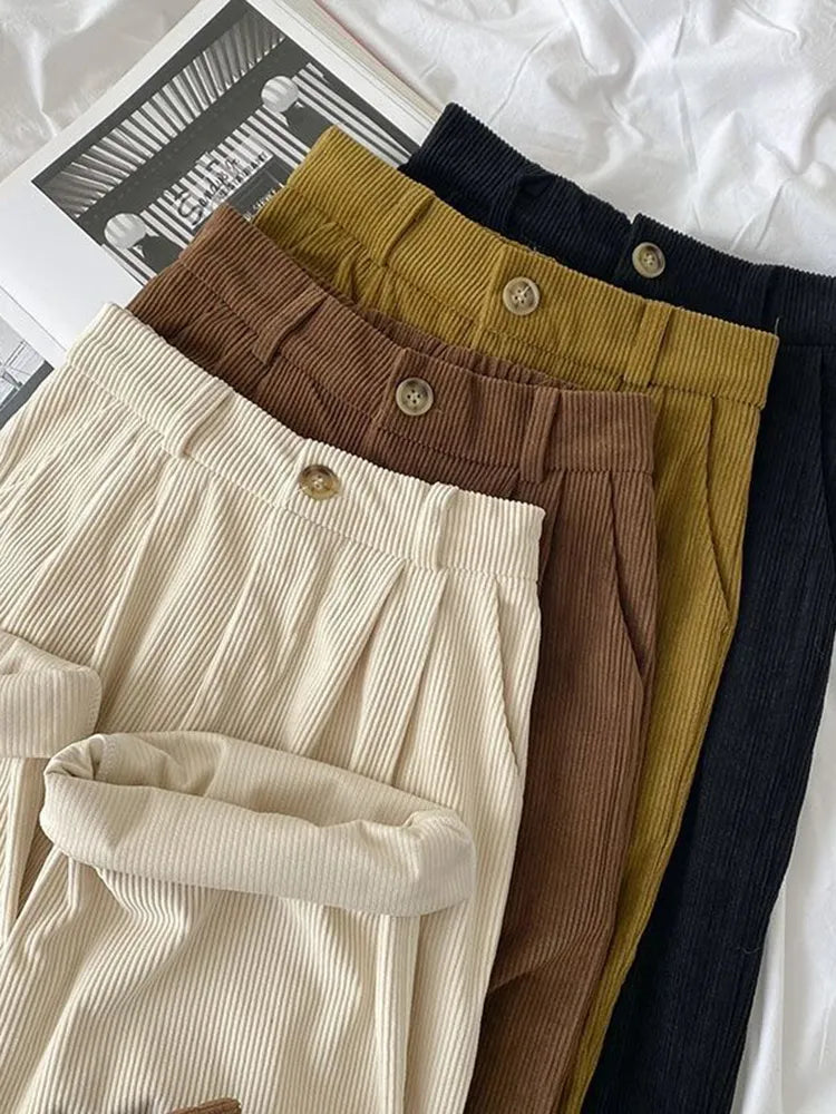 ZOKI High Waist Women Retro Corduroy Pants Fall Straight Causal Full Length Trousers Vintage Coffee Pockets All Match Pants New