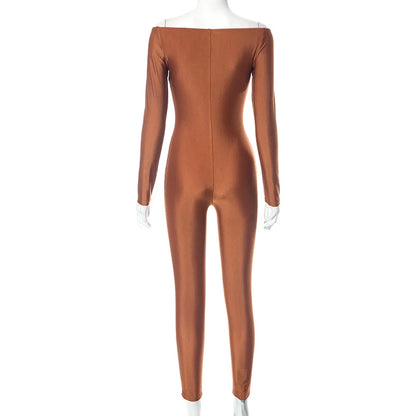 CUTENOVA Solid Brown Slashing Ruched Off Shoulder Collar Skeleton Exposure Sexy Long Sleeve  Pencil Jumpsuit Women Autumn Winter