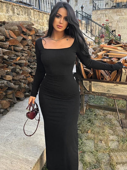 Dulzura Lace Up Bandage Long Sleeve Maxi Dress Women Bodycon Black Long Dress Party Club Outfit Streetwear Evening Drop Shipping