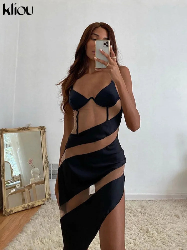 Kliou Asymmetrical Mesh See Through Patchwork Mini Dress Women Sexy Bikini Straped Backless Hot Party Clubwear Summer Beachwear