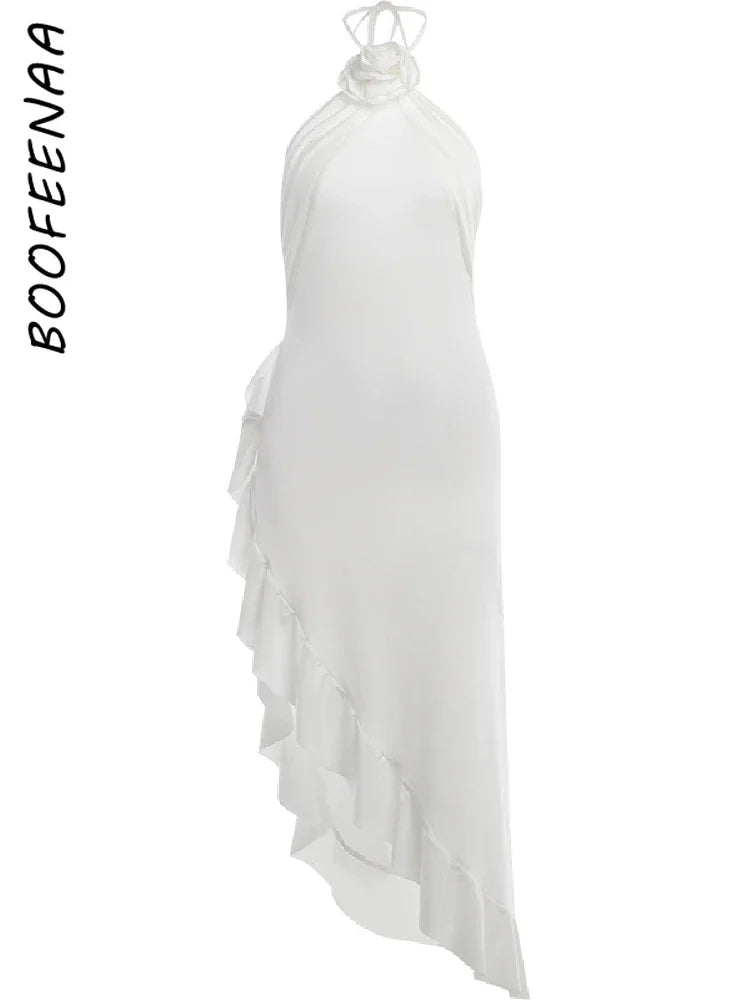 BOOFEENAA 3d Floral Applique licou à volants fendu longues robes élégant Sexy été blanc robe de soirée tenues de vacances C69-CG23