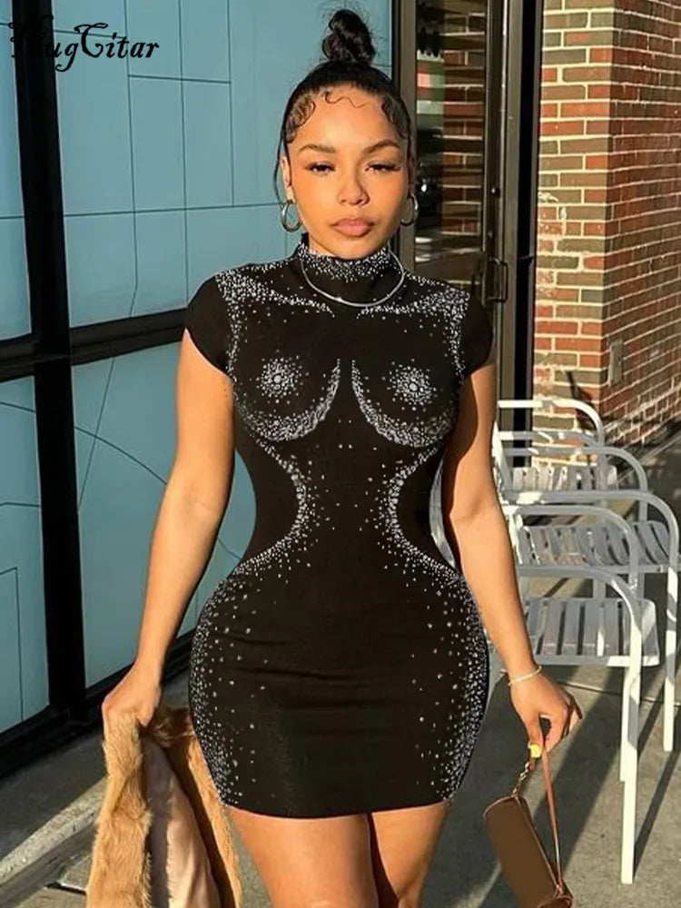 Hugcitar Shine Sequined Black Short Sleeve Elegant Sexy Bodycon Mini Prom Dress Summer Women Fashion Outfit Evening Party Club