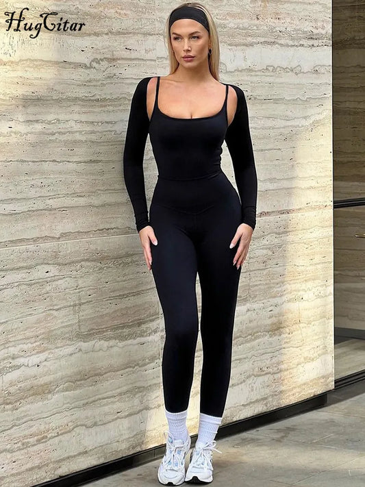 Hugcitar Autumn Fashion 2 Piece Sets Long Slevee Solid Sexy Shawl Bodycon Slip Jumpsuit Women Clothes Streetwear Work Out Yoga