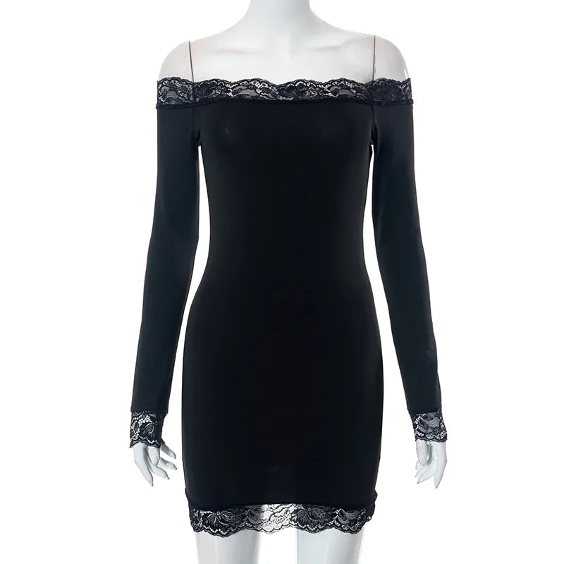 BUILDINGB – robe noire Sexy en dentelle pour femme, asymétrique épaule dénudée, manches longues, Mini paquet de hanche, élégante, Clubwear, vêtements sauvages, automne