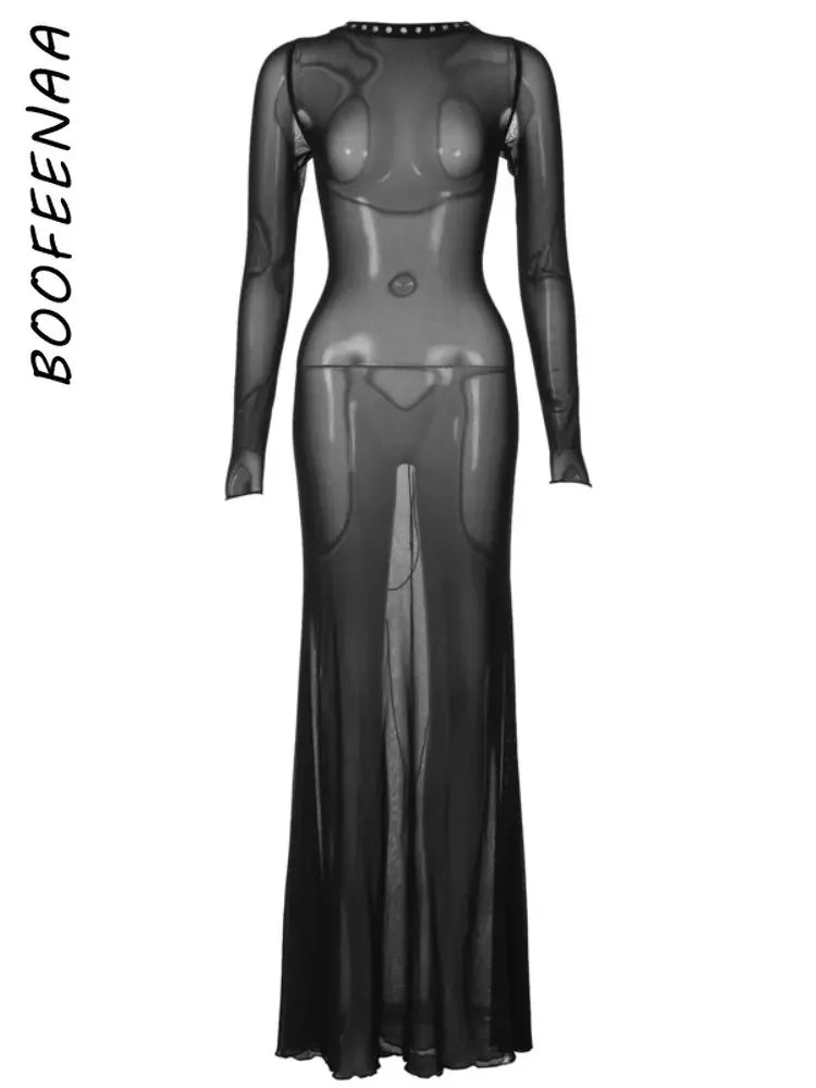 BOOFEENAA Sexy Mesh Strappy Backless Dresses Black Red See Through Long Sleeve Flare Hem Maxi Dress Woman Party Wear C15-DD22