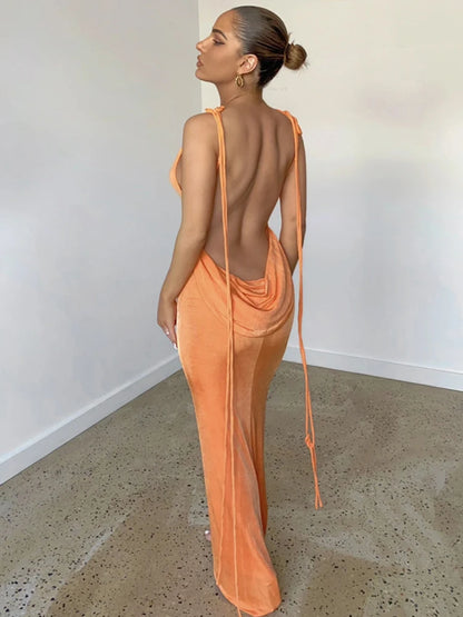 Dulzura Lace Up Backless Maxi Dress For Women Sexy Solid Long Dress 2023 Summer Party Club Evening Outfits Wholesale Items