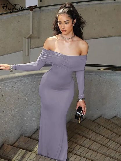 Hugcitar Slash Neck manga larga sólido elegante Sexy ajustado Maxi vestido de graduación 2023 verano mujeres Y2K ropa gótica de fiesta de boda