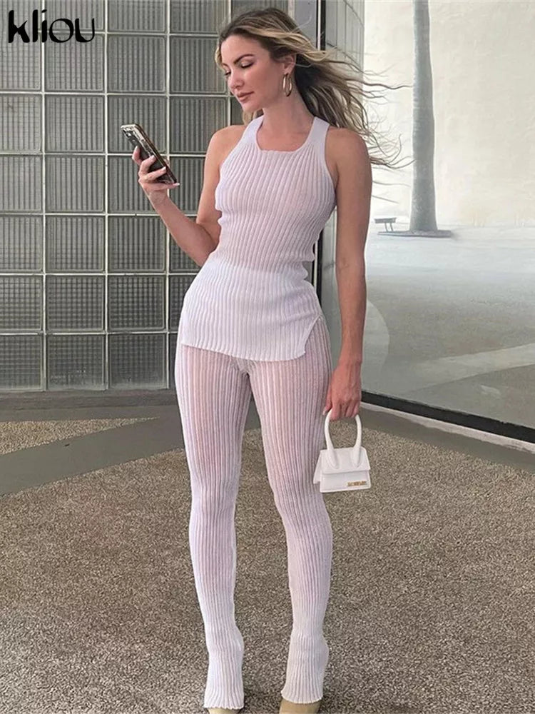 Kliou Solid Knitted Two Piece Set Women See Through Skinny Casual Top+Pant Matching Outfits Active Sexy Streetwear Clothing