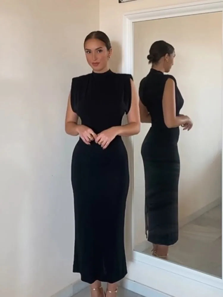 Vestido Midi Sexy a la moda para mujer, Vestidos ajustados sin mangas con abertura y cuello redondo, ropa de calle ajustada de cintura alta 2023