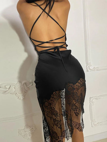 Dulzura-Vestido corto de satén con retazos de encaje para mujer, minivestido Sexy ajustado con cordones y espalda descubierta, ropa elegante para fiesta, noche de cumpleaños