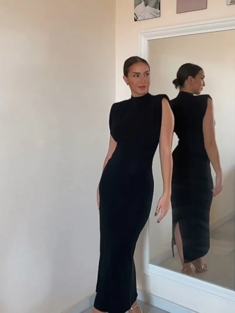 Vestido Midi Sexy a la moda para mujer, Vestidos ajustados sin mangas con abertura y cuello redondo, ropa de calle ajustada de cintura alta 2023