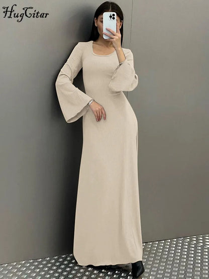 Hugcitar Fall Ribbed Solid Square Collar Long Flare Sleeve Sexy Elegant Slim Maxi Dress Women Outfit Birthday Party Streetwear