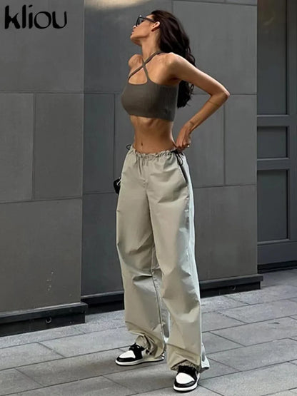 Kliou Solid Casual Oversized Cargo Pants Women Hipster Drawstring Loose Harajuku Vintage Trousers Streetwear Female Bottoms