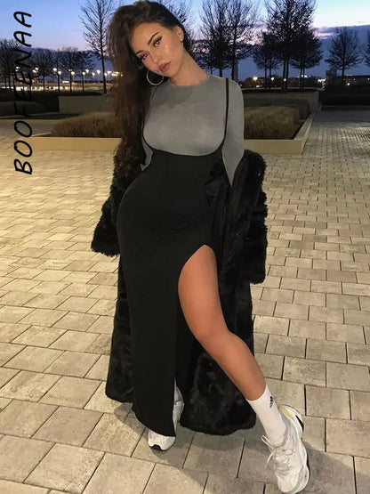 BOOFEENAA Sexy Black High Waisted A Line Suspender Skirts Womens Spring Summer 2023 Women High Split Long Maxi Skirt C83-BZ23