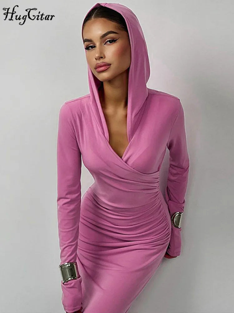 Hugcitar Solid Hoodies V Neck Long Sleeve Draped Sexy Slim Maxi Dress 2023 Winter Women Fashion Y2K Outfits Streetwear Party