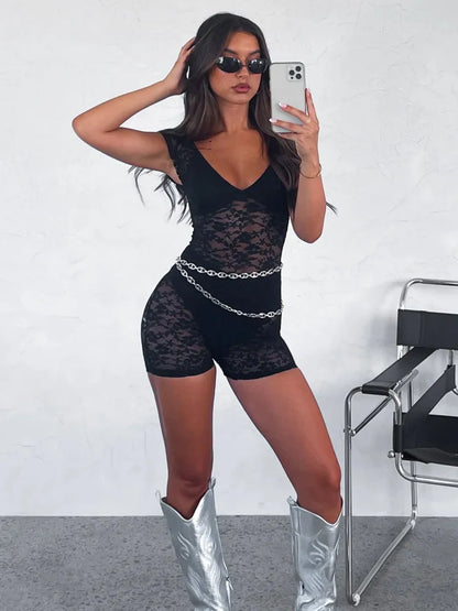 Fantoye Patchwork See Through Lace Women Bodysuit White V Neck Bodycon Rompers Femme Summer Elastic Hot Girl Party Clubwear 2023