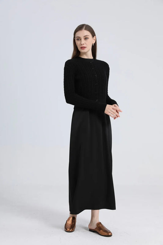 AS woman clothes maxi satin dress / knitted rib dress + knitted cable cardigan Autumn Winter collection