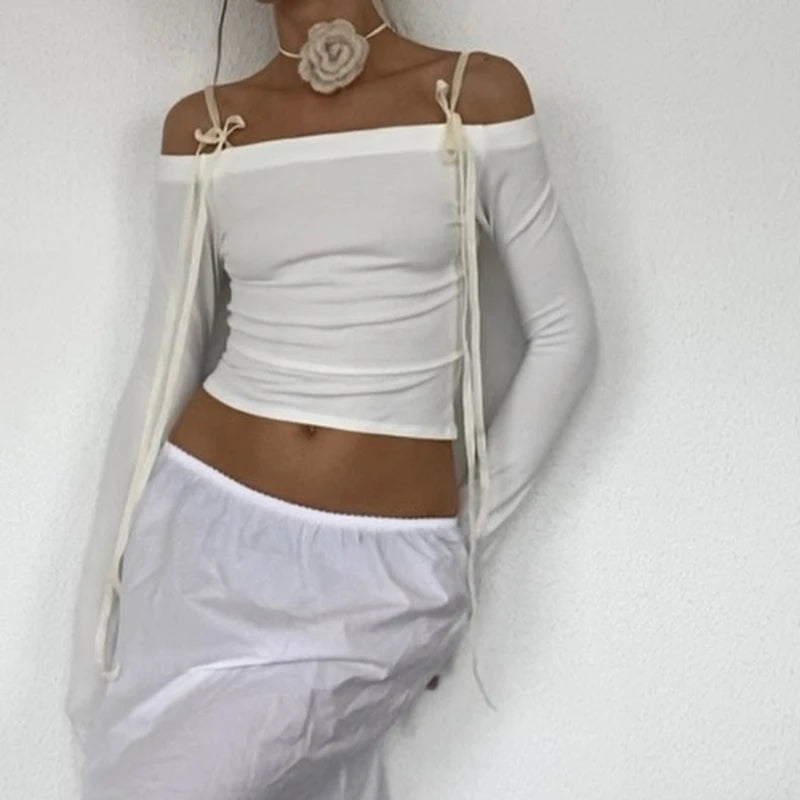 Xeemilo décontracté épaules nues culture hauts Y2K solide nœud à lacets à manches longues T-shirt élégant Slash-cou extensible femmes T-shirt 2023