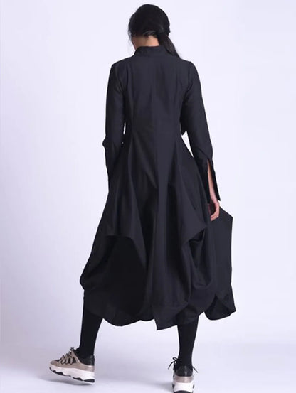 Solid Color Stand Collar A-Line Midi Dress Chinese Style Vintage Long Sleeve Casual Elegant and Pretty Women's Dresses Vestidos