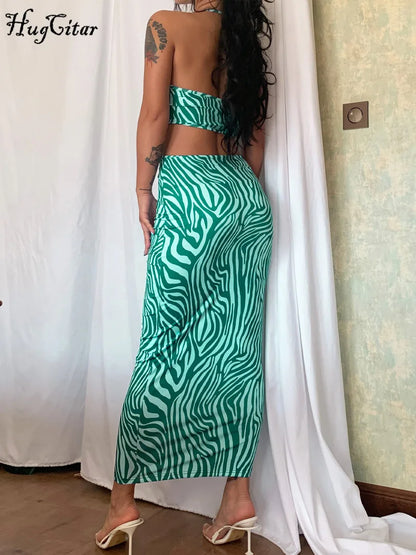 Hugcitar Striped Print Halter Sleeveless Backless Bandage Hollow Out Sexy Midi Dress Fall Elegant Women Clothes Birthday Party