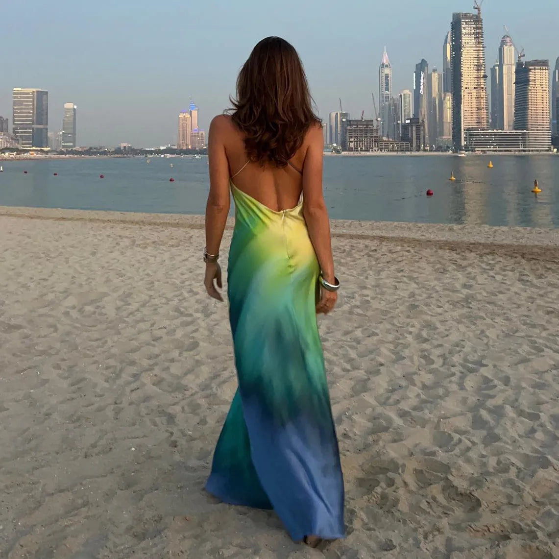 hirigin Sexy Satin Print Maxi Bodycon Beach Dress Women Summer Backless Dye Tie Elegant Party Dresses Holiday Outfits