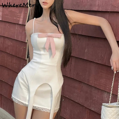 WhereMery French Gentle Bow Applique Irregular Slip Tank Top With High-waist Lace Patchwork Hem Skirts Elegant Party Club Outfit