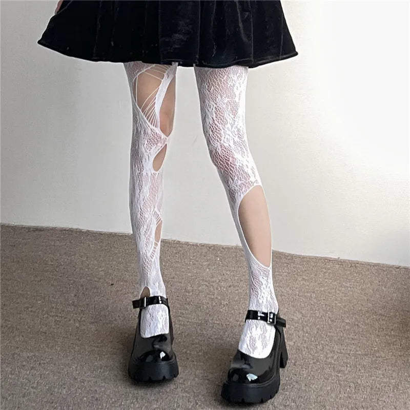 Medias sexis de Jacquard Floral para mujer, pantimedias de rejilla negras góticas Punk, medias de malla irregulares con agujeros rasgados Harajuku Lolita