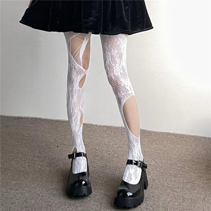 Floral Jacquard Sexy Stockings Women Gothic Punk Black Fishnet Pantyhose Harajuku Lolita Irregular Ripped Holes Mesh Tights