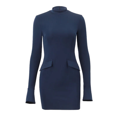 Xeemilo – robe Mini à manches longues et deux poches, moulante, bleu foncé, élégante, col rond, tenue de soirée, nouvelle collection automne 2023