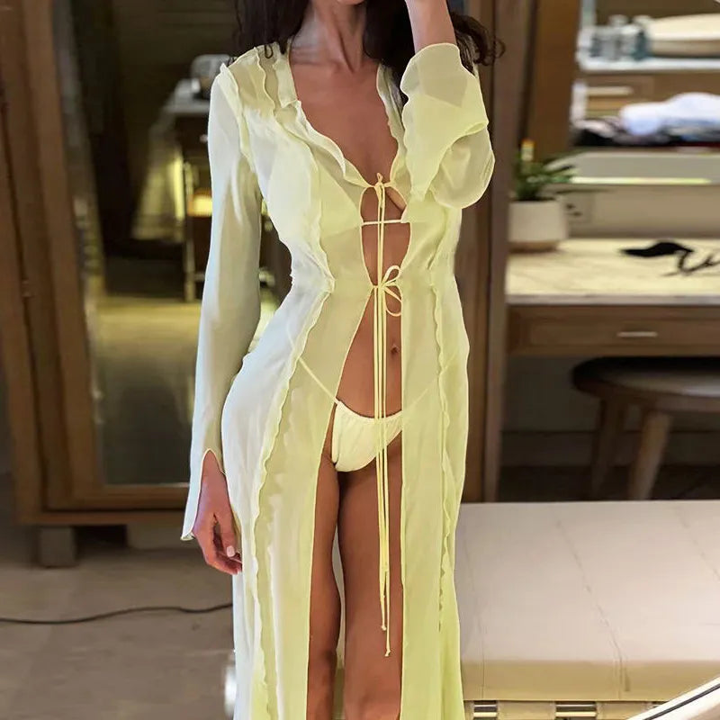 Hirigin Vestido Y2K transparente de malla con volantes para mujer, traje de baño transparente y fluido para playa, vestidos para cubrir, vestido largo para nadar en bikini