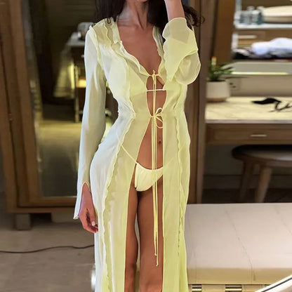 Hirigin – robe longue transparente en maille à volants pour femmes, tenue de plage transparente et fluide, Cover-Up pour les maillots de bain, pour les maillots de bain, Y2K