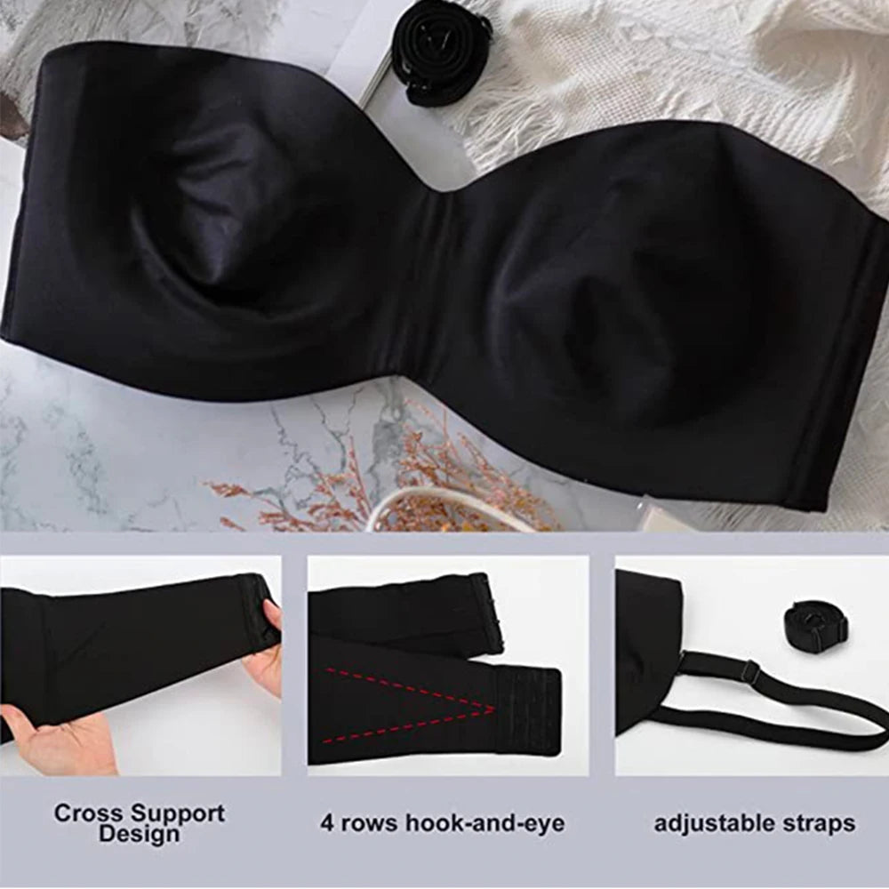 Sujetador bandeau Convertible antideslizante de soporte completo sin tirantes Push up talla grande sujetador sin costuras con aros Convertible suavizante sin relleno