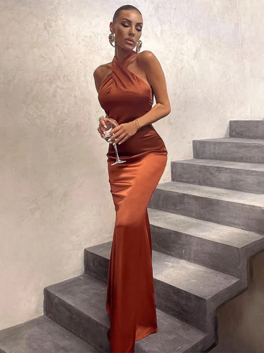 Dulzura-vestido Midi de satén sin mangas, cuello Halter cruzado, Espalda descubierta, ceñido al cuerpo, traje Sexy elegante para fiesta y Club, ropa de noche y cumpleaños para verano