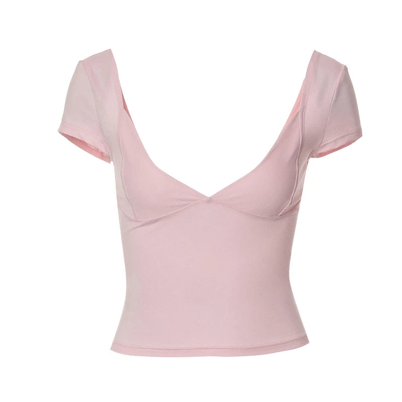 CUTENOVA-Camiseta Sexy de verano para mujer, ropa ajustada elástica, camisetas de manga larga con cuello de pico para mujer, Streetwea