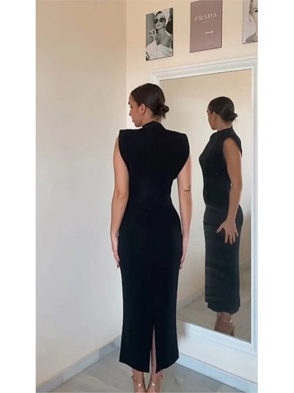 Vestidos Midi negros con cuello redondo para mujer, vestidos sexis sin mangas con abertura trasera y cintura alta, vestidos ajustados, ropa de calle elegante para mujer, batas elegantes