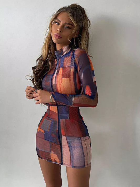 Tie Dye Print Long Sleeve Mini Dress High Neck Bodycon Sexy Streetwear Party Club Women 2022 Summer Clothes Slim Fashion