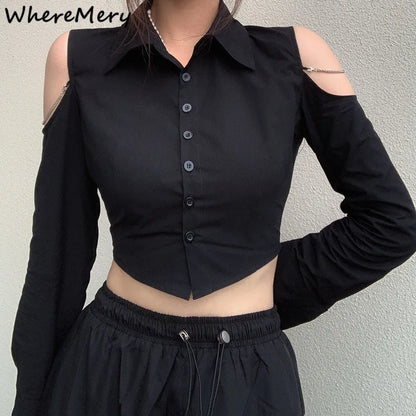 WhereMery OL-Blusa negra con hombros descubiertos para mujer, cárdigan Sexy con cuello tipo Polo, Tops cortos, ropa ajustada de manga larga para ocasiones formales