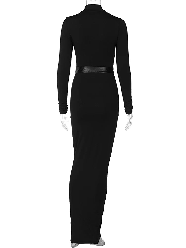 Hugcitar Black Long Sleeve Patchwork Belt Sexy Bodycon Slim Maxi Prom Dress 2023 Winter Women Fashion Outfit Streetwear Nightclu
