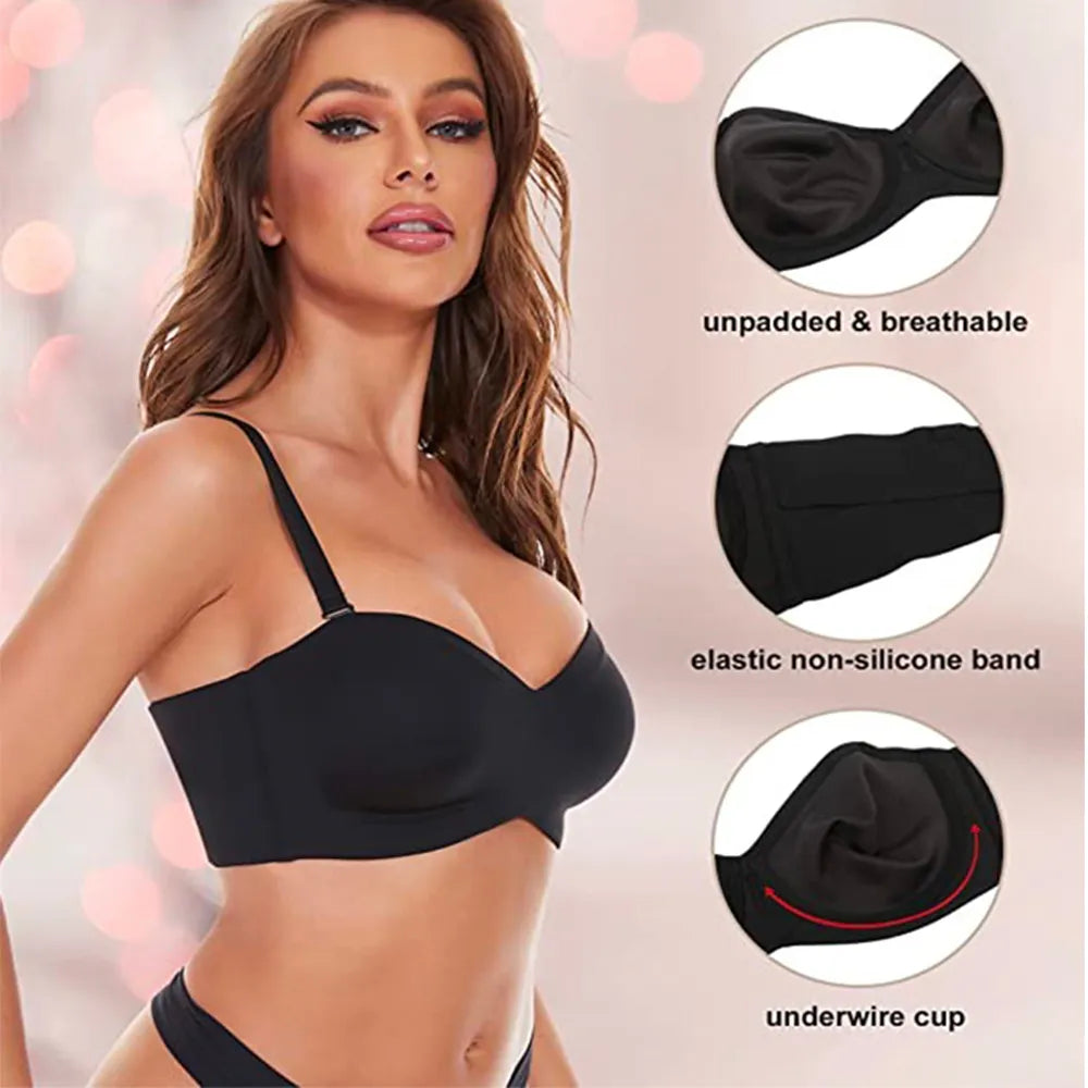 Soutien-gorge bandeau convertible antidérapant à maintien complet, sans bretelles, push-up, grande taille, sans couture, à armatures, convertible, lissant, non rembourré