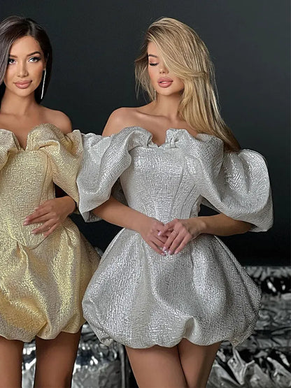 Sexy Shinny Silver Gold Mini Dress Elegant Skirt Fashion Sexy Noble Waist One-shoulder A-line Skirt Female Evening Party Dress