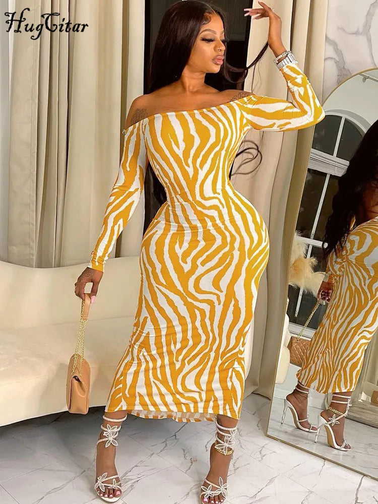 Hugcitar Striped Print Slash Neck Long Sleeve Backless Ruched Sexy Slim Maxi Dress 2023 Autumn Fashion Outfit Party Streetwear