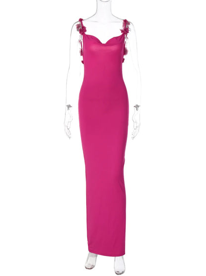 Dulzura-maxivestido rosa y rojo con tirantes de flores para mujer, vestido largo Sexy ajustado con Espalda descubierta, trajes de Club para fiesta, noche, cumpleaños y verano