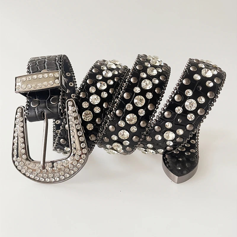 Cinturones Punk oscuro con diamantes de imitación para mujer, correa de cuero de diseñador, cinturón Bing con diamantes, vaquero occidental Y2K E, cinturón de moda para vaqueros y hombres