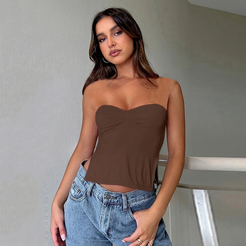 CUTENOVA Summer Ins Solid Square Collar Strapless Backless Top Women 2023 Folds Shrring Bottom Slits Slim  Crop Top