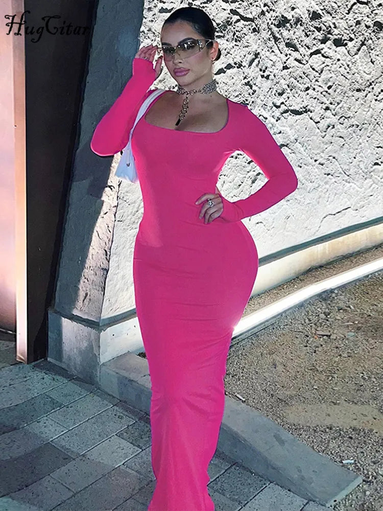 Hugcitar-Vestido largo liso de manga larga para mujer, vestido Sexy ajustado con cuello cuadrado, traje elegante para fiesta de noche y cumpleaños Y2K 2023