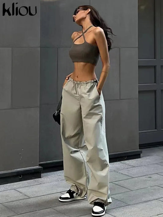 Kliou Solid Casual Oversized Cargo Pants Women Hipster Drawstring Loose Harajuku Vintage Trousers Streetwear Female Bottoms